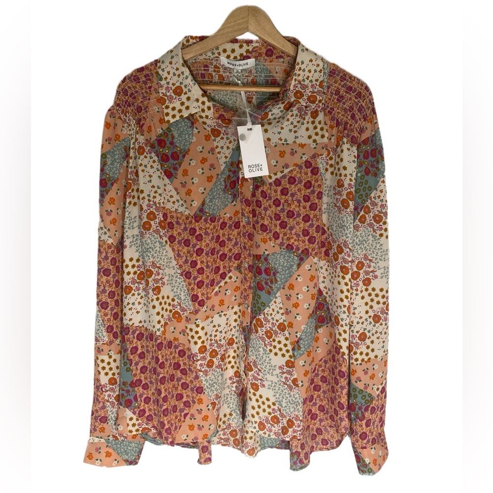 NWT Rose + Olive Women's Multicolor Patchwork XL Button Up Long Sleeve Boho